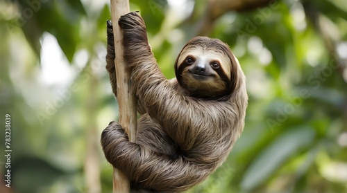 Funny sloth hanging on tree branch, cute face look, perfect portrait of wild animal in the Rainforest of Costa Rica scratching the belly. generative.ai photo