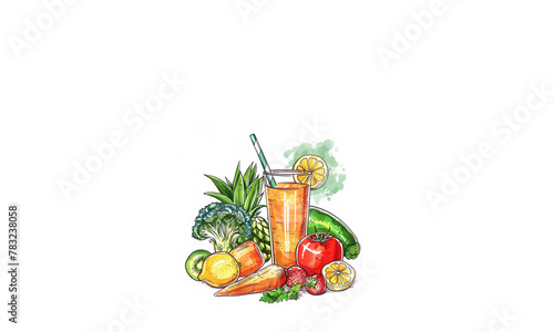 drawn vegetables on a white background, vitamin cocktail, healthy food on a white background