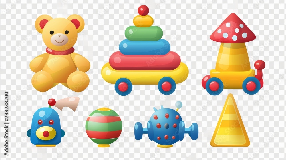 Obraz premium Colorful classic toddler toys set isolated on transparent background, perfect for baby play