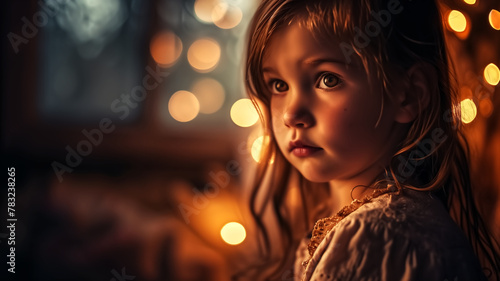 Thoughtful child with a serious expression indoors with warm bokeh lights. Close-up portrait with a soft focus background. Childhood contemplation and innocence concept. photo