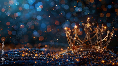 banner background International Beauty Pageant Day theme, and wide copy space, Simple outline of a tiara surrounded by stars on a dark background, symbolizing glamour,  photo