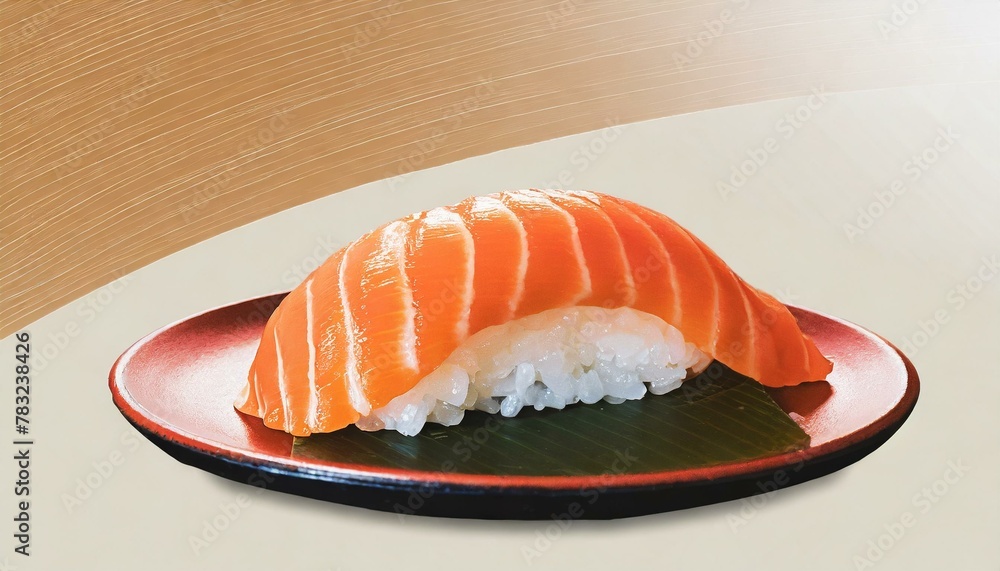 A larger-than-life, vividly colored piece of salmon nigiri sushi placed centrally. A larger-than-life, vividly colored piece of salmon nigiri sushi placed centrally.