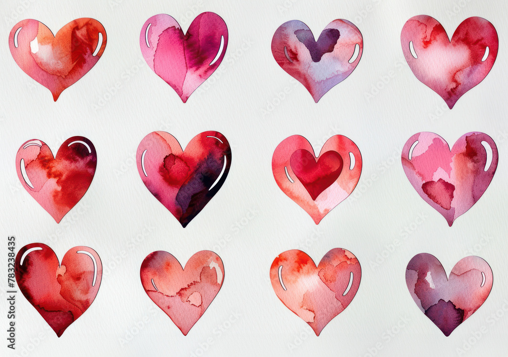 Watercolor Hearts Arrangement on White Background Watercolor Hearts Arrangement on White Background