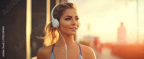 smart woman listening to music during exercise. exercisers and are checking how to exercise properly. correct exercise. diet, body shape, healthy, strong, shape, gym, training, body slim photo