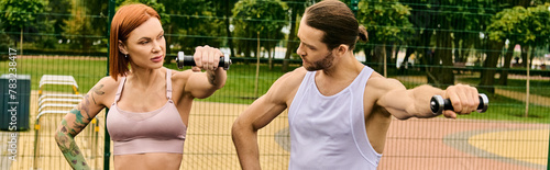 A man and woman, wearing sportswear, participate in a workout session on a vibrant tennis court. © LIGHTFIELD STUDIOS