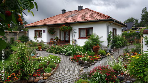 House with vegetable garden. White exterior and garden beds (wooden). Summer time (Croatia, Hungary, Czech Republic, Slovakia, Slovenia, Russia).