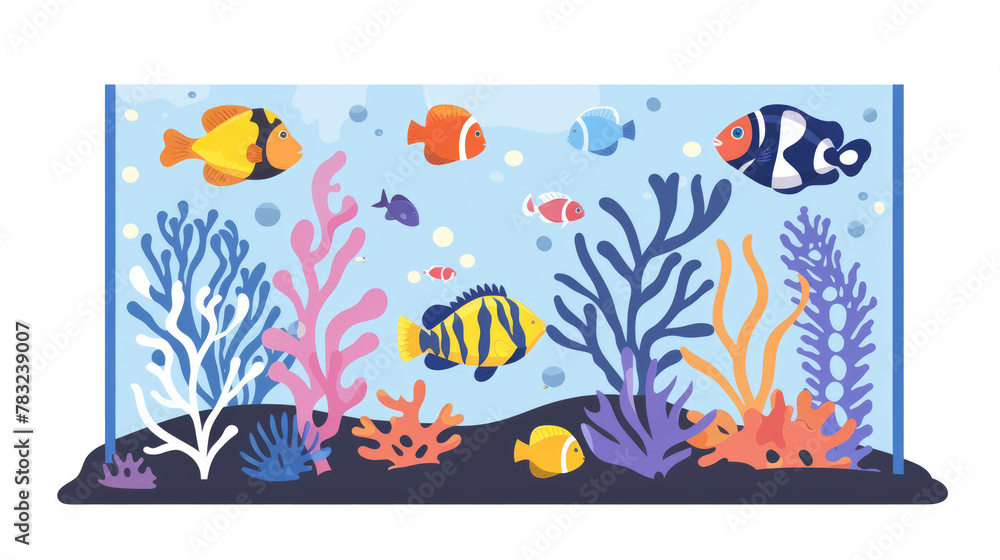Cartoon freshwater fishes in tank aquarium on transparent. Exotic cartoon fish in aquarium