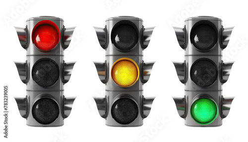 Trio of vertical traffic lights displaying red, yellow, and green signals, cut out