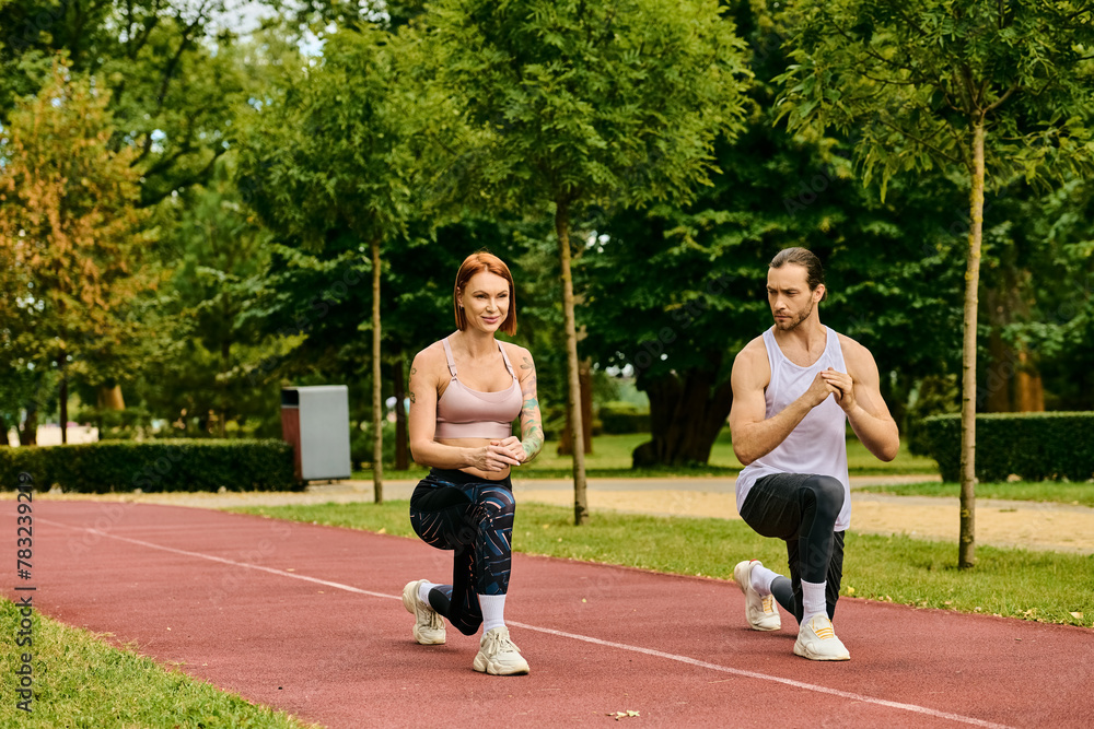 Fototapeta premium A man and a woman in sportswear are engaging in synchronized squats in a park Their determination and motivation are evident.