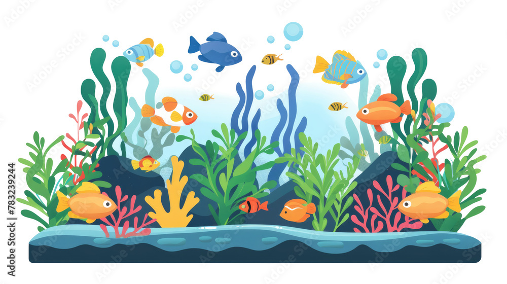 Cartoon freshwater fishes in tank aquarium on transparent. Exotic