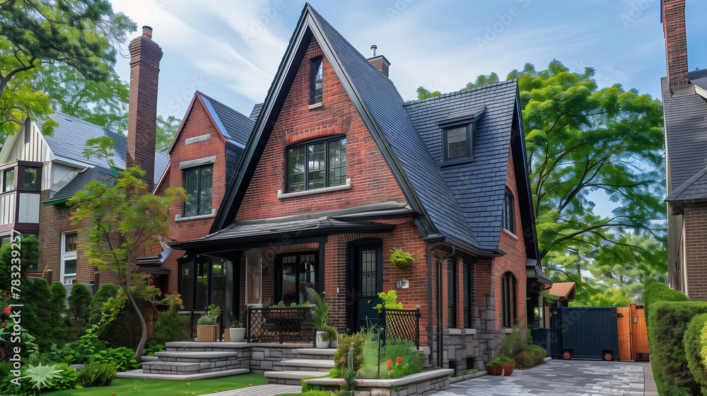 Red brick house. Summer time. England / USA / Chicago / Boston Red brick house. Summer time. England / USA / Chicago / Boston
