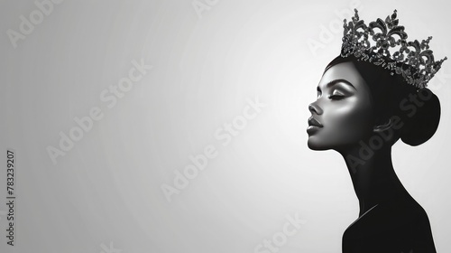 banner background International Beauty Pageant Day theme, and wide copy space, Black and white image of a graceful female silhouette wearing a crown, 