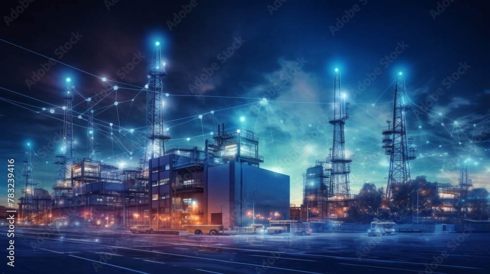 Fototapeta premium Modern factory, communication network. Telecommunication. IoT, Internet of Things, ICT, Information communication Technology,. Smart factory. Digital transformation, cloud connecting, generate by AI