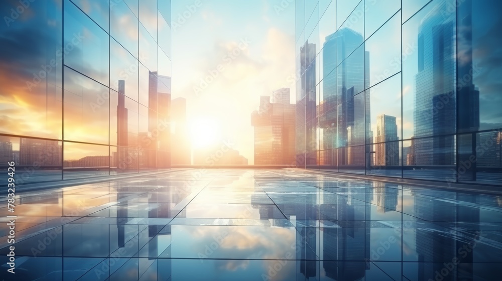 Modern office building or business center. High-rise window buildings made of glass reflect the clouds and the sunlight. empty street outside  wall modernity civilization. growing up business