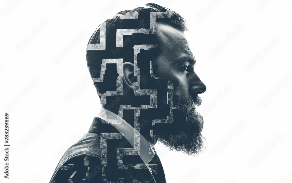 Businessman and Labyrinth in Double Exposure - career challenges and strategic planning, Decision Making - professional growth. Businessman and Labyrinth in Double Exposure - career challenges and strategic planning, Decision Making - professional growth.