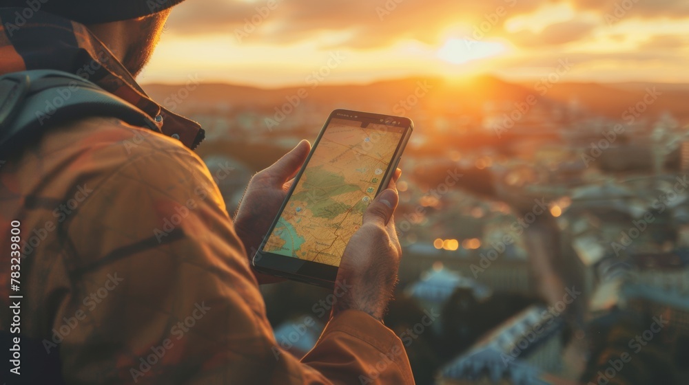 traveler use smartphone to check map to travel with internet and gps application, Travel, mobile phone, technology, smartphone, holding, lifestyle, communication, connection, outdoors