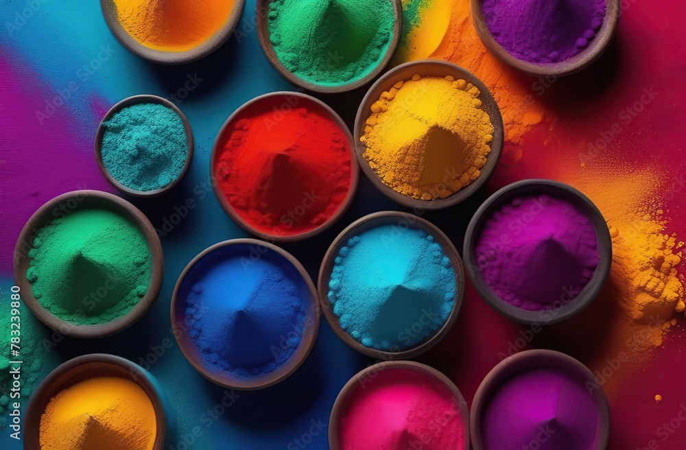 top view of colorful traditional holi powder in bowls Banner. happy holi. Concept Indian color festival called Holi -- top view of colorful traditional holi powder in bowls Banner. happy holi. Concept Indian color festival called Holi --