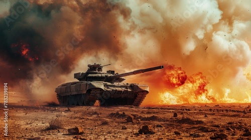 War tank crossing mine field in desert epic scene of fire and conflict, wide poster design
