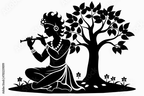 Hindu god Krishna sitting under a tall tree  with flute black silhouette on an white background