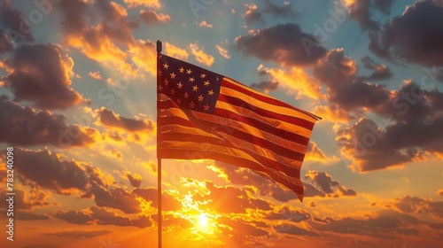 Proudly Waving American Flag Against Sunset Skyline for Memorial Day, 4th of July, Labor Day, and Independence Day Celebrations