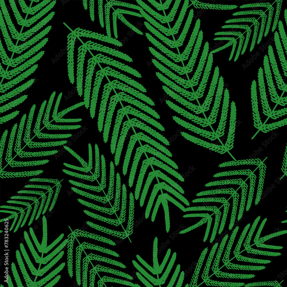 Fern leaf. Seamless pattern. Repeat tropical print. Endless pattern of leaves. Вlack background.