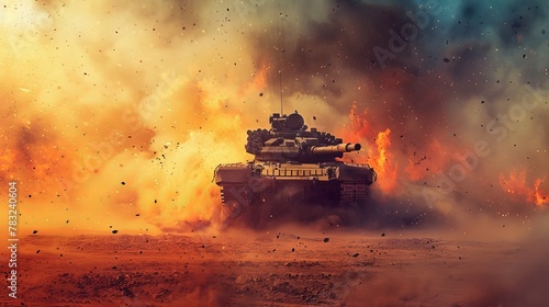Armored tank crossing minefield in epic desert war invasion with fiery scene and wide poster design photo