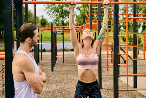 A man and a woman in sportswear workout together under a clear sky in front of a gym. The personal trainer motivates her. © LIGHTFIELD STUDIOS