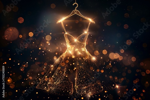 Minimalist icon showing a hanger shaped into a dress silhouette, highlighted with glitter effect, ideal for high fashion and bridal wear, Technology concept, futuristic background.