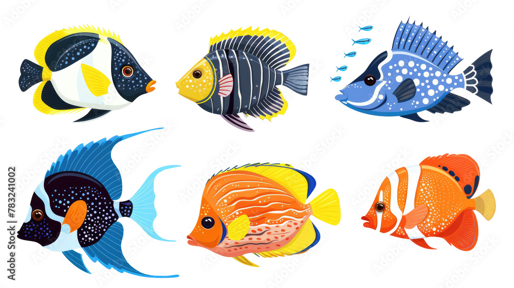 trendy colorful fish cartoon set on transparent