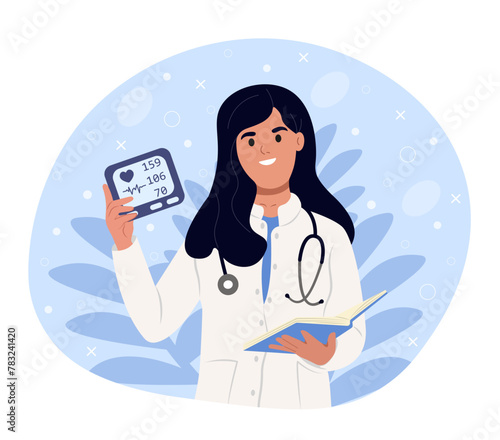 World hypertension day. A smiling cardiologist is holding a sphygmomanometer. Vector illustration.