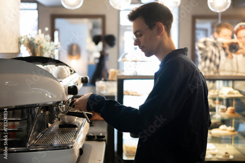 Barista Precisely Adjusting a Professional Espresso Machine at a Busy Cafe during rush hour