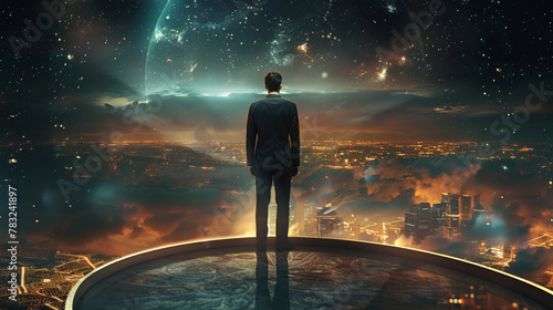 A confident businessman in a suit stands on the roof, towering over the city lights, his gaze is directed into the distance, where the lights of the night city go, symbolizing his desire for new heigh