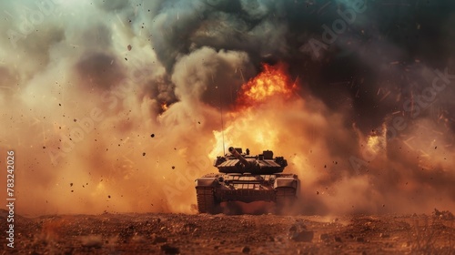 Military tank crossing mine field in desert war invasion scene with fire, epic poster design photo