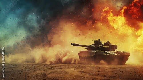 Tank crossing mine field in desert war scene, epic fire and danger, wide poster with text space