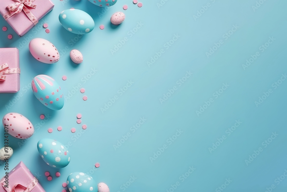 Top view of easter banner on blue background. Pink boxes with ribbons and blue, pink easter eggs with patterns. Easter celebration concept. Copy space and place for text on the right. Generative AI.
