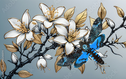 night butterfly death's head on a branch of blooming jasmine