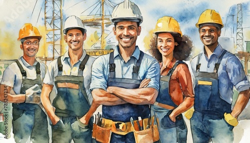 Group of workman in watercolor style  photo