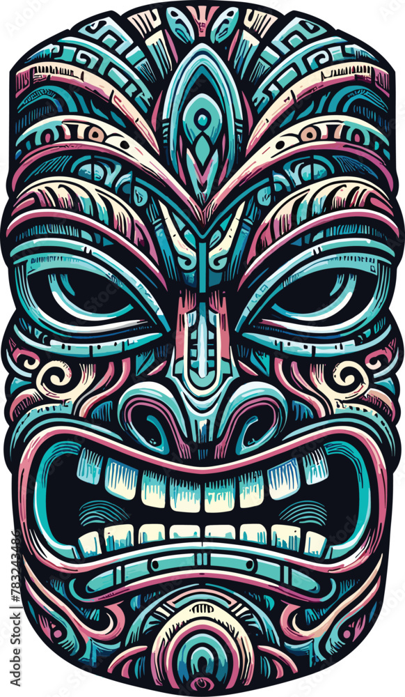 Adobe Illustrator Artwork Traditional mask colorful ethnic totem hawaiian element mask template tribal face, a visually captivating vector illustration of a Tiki mask, showcasing its intricate details