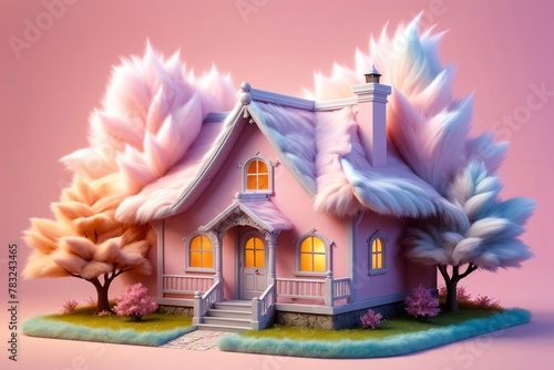 cozy warm house of pastel pink color in warm colors with a roof made of warm fur