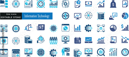 Information Technology icon set. Containing cloud computing, IT manager, big data, data analytics, internet, network security and more. Solid vector icons collection