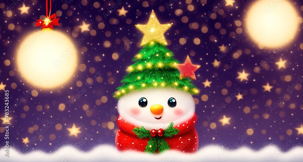 Obraz premium A snowman standing in front of a Christmas tree with stars and presents hanging from it.