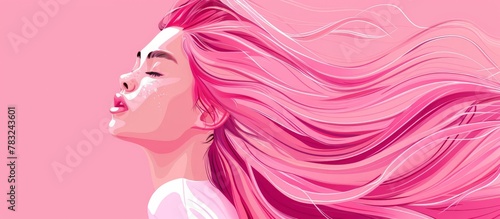 The image features a female with vibrant pink hair standing against a matching pink background.