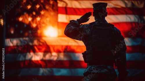 Saluting Soldier in Front of American Flag: A Tribute to Military Veterans and Patriotism - AI Generated Concept photo