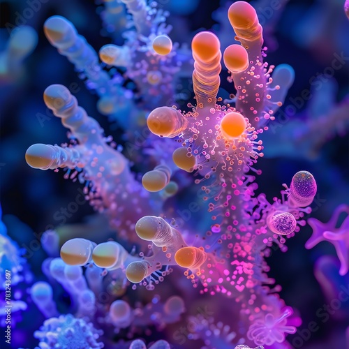 Close-up of genetically engineered bacteria, macro photography style, showcasing their role in sustainable nitrogen fixation, highlighted by vibrant colors to illustrate their genetic modifications