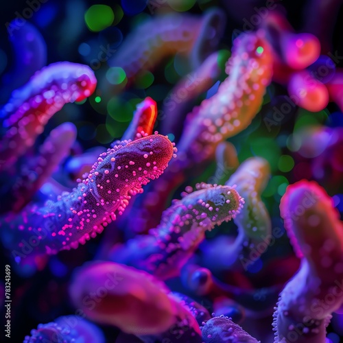 Close-up of genetically engineered bacteria, macro photography style, showcasing their role in sustainable nitrogen fixation, highlighted by vibrant colors to illustrate their genetic modifications