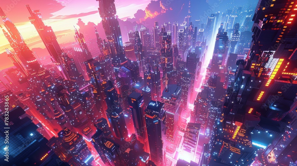 Combine pixel art with glitch art techniques to create a futuristic, abstract depiction of a dystopian world from an aerial perspective Utilize vibrant colors and sharp contrasts Combine pixel art with glitch art techniques to create a futuristic, abstract depiction of a dystopian world from an aerial perspective Utilize vibrant colors and sharp contrasts