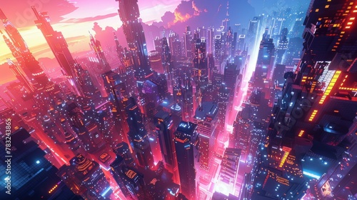 Combine pixel art with glitch art techniques to create a futuristic  abstract depiction of a dystopian world from an aerial perspective Utilize vibrant colors and sharp contrasts
