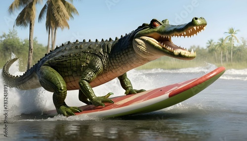 A-Crocodile-With-A-Surfboard-Catching-Waves-In-A-