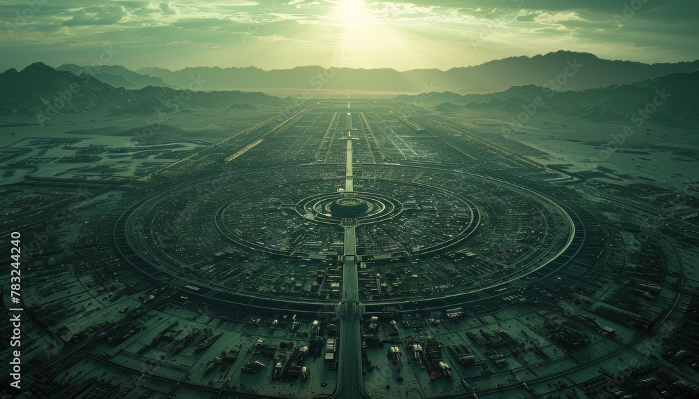 Illustrate a futuristic dystopian society from an aerial perspective, utilizing unexpected camera angles that emphasize the vastness and oppression Infuse psychological concepts of conformity