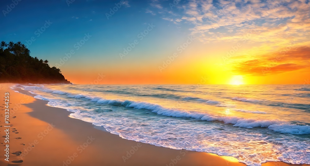 A beautiful sunrise on a beach with clear blue water and sandy shoreline.